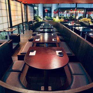 The long curved group booth, set and ready